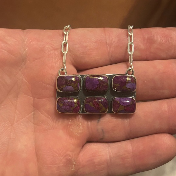 STERLING SILVER NATIVE AMERICAN SW PURPLE MOJAVE TURQUOISE BAR NECKLACE .925 - Picture 5 of 10